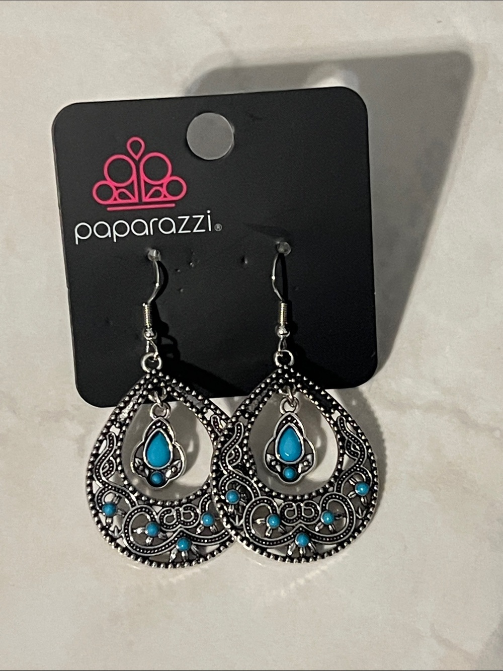 Paparazzi Silver Teardrop Earrings with Blue Turquoise Accents